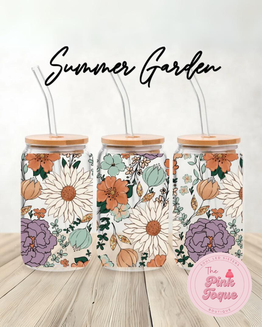 Summer Garden Glass Tumbler with Bamboo Lid & Glass Straw